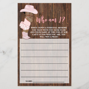 AA Cowgirl Who am I Baby Shower Game Card Flyer