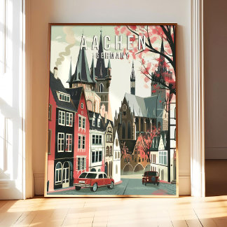 Aachen Germany Poster Art Print, City Retro Vintag