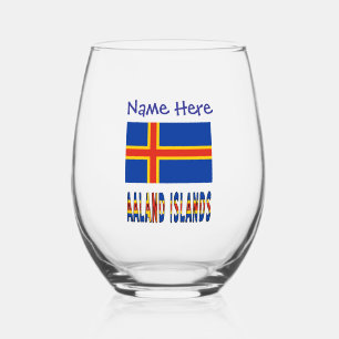 Aaland Islands Ålander Flag Blue Personalisation  Stemless Wine Glass