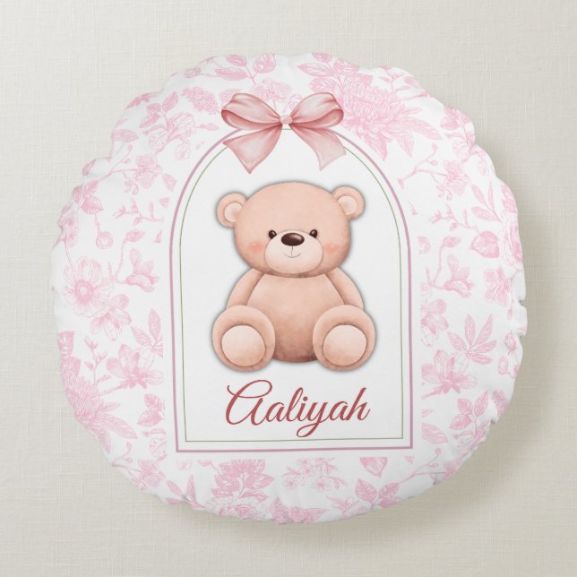 Aaliyah | Custom Pink Teddy Bear Nursery Design  Round Cushion (Front)