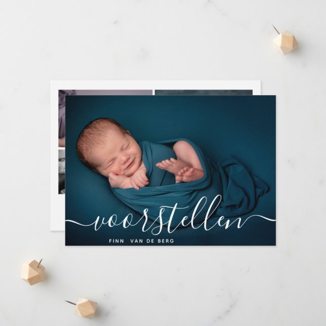 Aangepaste Fotocollage Script Voorstellen Geboorte Announcement (Front/Back In Situ)