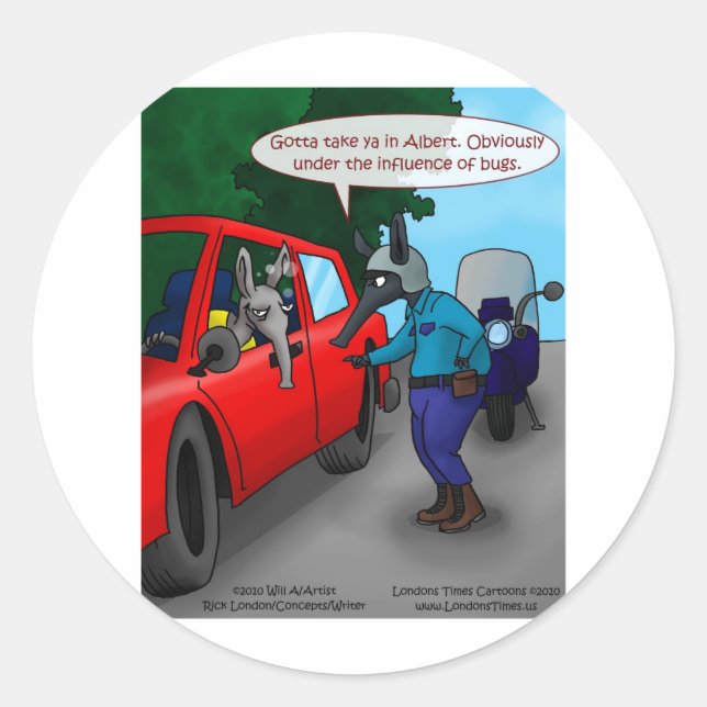 Aardvark Driving While Bugged Funny Tees Mugs Gift Classic Round Sticker (Front)