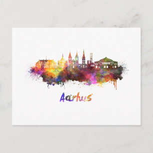Aarhus skyline in watercolor postcard
