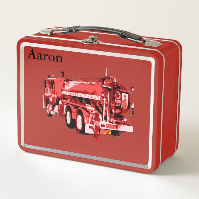 Aaron Name With Fire Engine, Metal Lunch Box (Front)