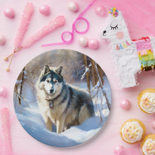 Aaskan Malamute Let It Snow Christmas Paper Plate