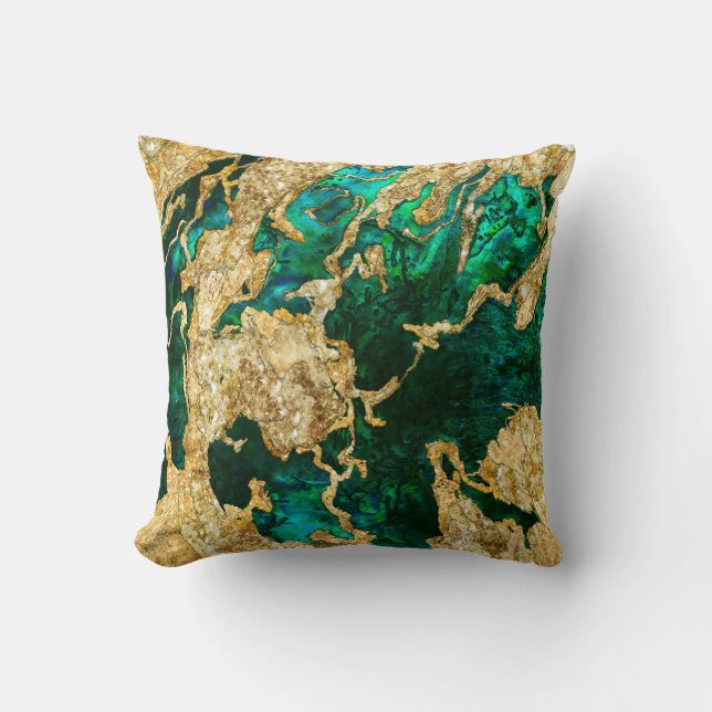Abalone Green and Gold Cement Mixed media abstract Cushion (Front)