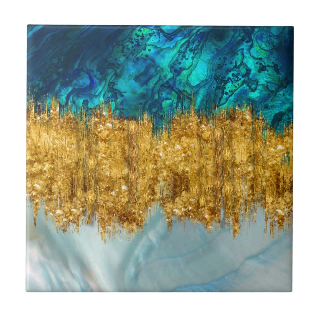 Abalone, Pearl and gold texture mixed media abstra Tile (Front)