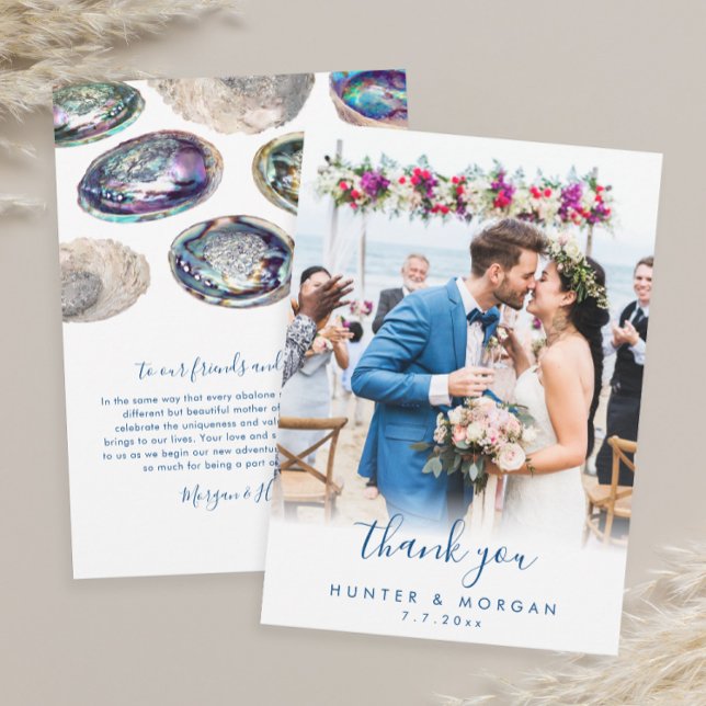 Abalone Shell Watercolor Beach Wedding Flat Thank You Card (Abalone Shell flat photo thank you cards for your beach wedding with personalized message)
