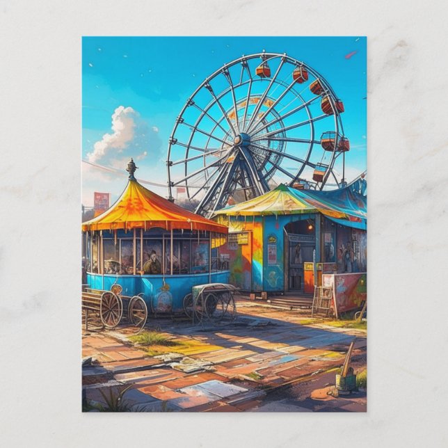 Abandoned Carnival Empty Ferris Wheel and Rides Postcard (Front)
