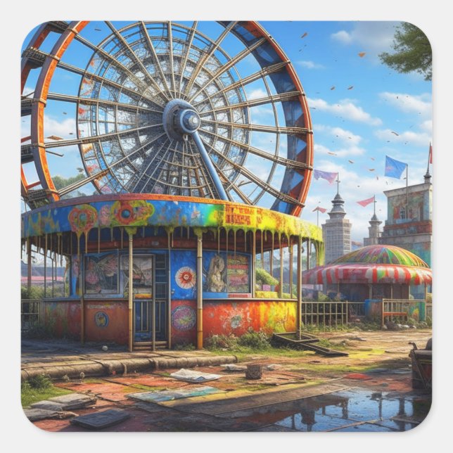 Abandoned Carnival Ferris Wheel Ai art Square Sticker (Front)