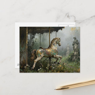 Abandoned Carousel Horse in Garden Postcard