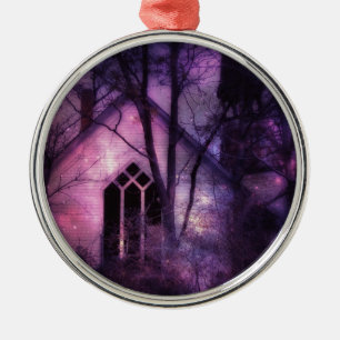 Abandoned Church Purple Night Sky Digital Art Metal Tree Decoration