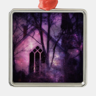 Abandoned Church Purple Night Sky Digital Art Metal Tree Decoration