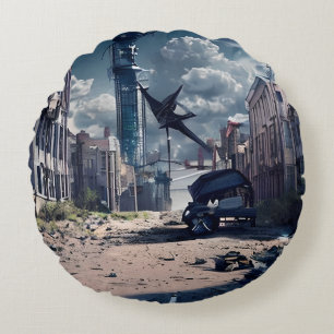 Abandoned City Post Apocalypse Dystopian World Round Cushion