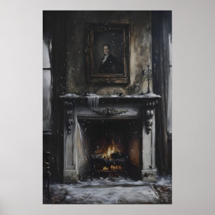 Abandoned Fireplace Mantel with Snow and Portrait Poster