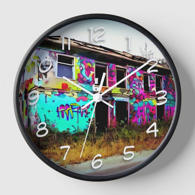 Abandoned House with Colourful Graffiti Clock (Front)