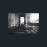 Abandoned Staircase Ghostly Doorway Blur Canvas Print<br><div class="desc">A wide stone staircase rises toward an open arched doorway in an abandoned grand interior, captured in stark black and white. Thick motion blur and ghostly double-exposure layers overlap walls, steps, and cracked plaster, creating an ethereal, dreamlike veil across the scene. Soft daylight pours through the threshold, revealing overgrown foliage...</div>