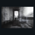 Abandoned Staircase Ghostly Doorway Blur Photo Print<br><div class="desc">A wide stone staircase rises toward an open arched doorway in an abandoned grand interior, captured in stark black and white. Thick motion blur and ghostly double-exposure layers overlap walls, steps, and cracked plaster, creating an ethereal, dreamlike veil across the scene. Soft daylight pours through the threshold, revealing overgrown foliage...</div>