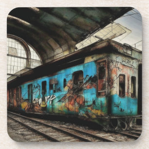 Abandoned Train with Graffiti Urban Street Art Coaster