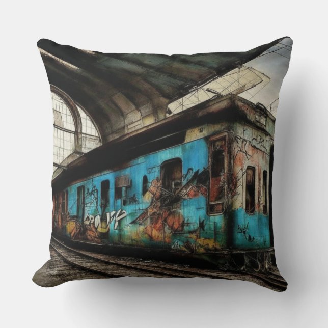 Abandoned Train with Graffiti Urban Street Art Cushion (Front)