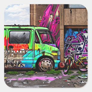 Abandoned Van and Bike Graffiti Urban Art Square Sticker