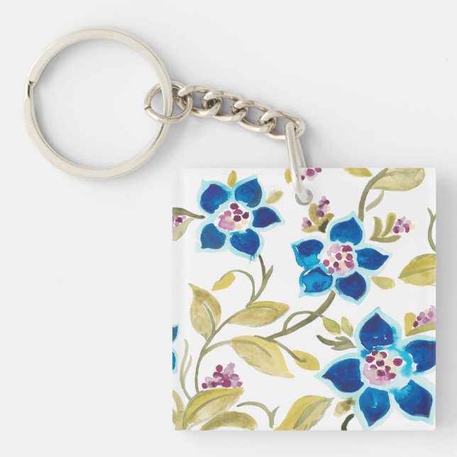 Abbey Floral Tiles - Blue Blooms Key Ring (Front)