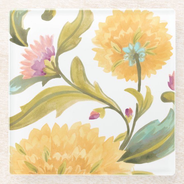 Abbey Floral Tiles - Yellow Flowers Glass Coaster (Front)