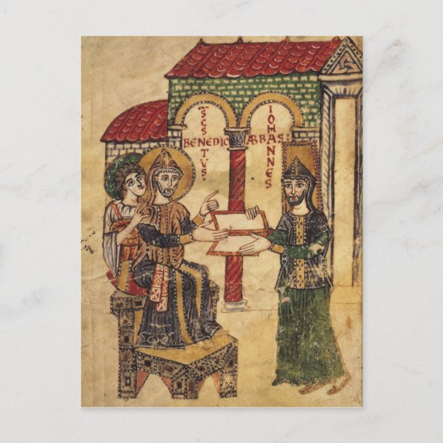 Abbot John offering manuscript Benedict Postcard (Front)