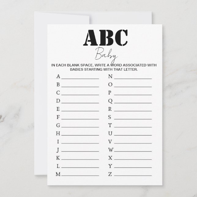 ABC Alphabet Baby Shower Game - B/W Invitation (Front)