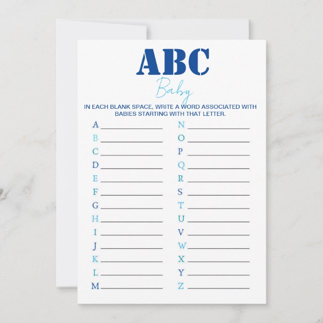 ABC Alphabet Baby Shower Game - Blue Invitation (Front)