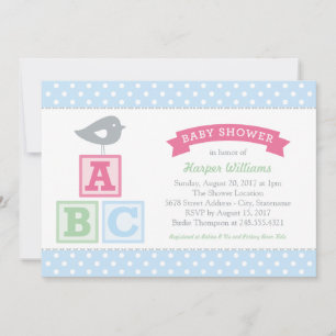 ABC Alphabet Blocks Pink and Blue Baby Shower Invitation