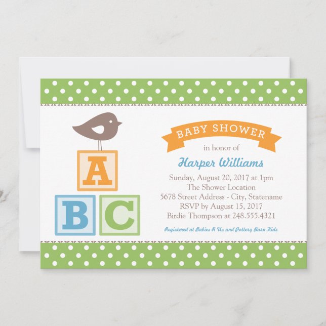ABC Blocks Green Bird Gender Neutral Shower Invitation (Front)