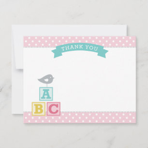 ABC Blocks Pink and Aqua Girl Baby Shower Thank You Card