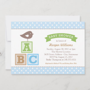 ABC Blocks Sky Blue Bird Baby Boy Shower Invitation