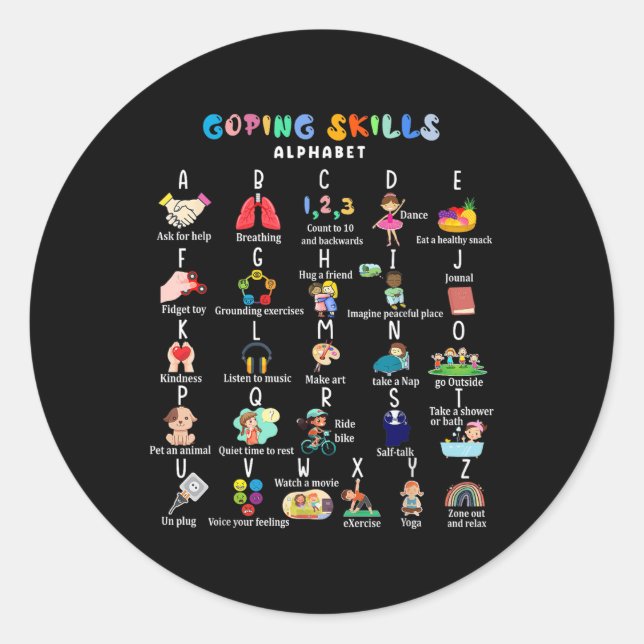 Abc Coping Skills Alphabet Self Care Mental Health Classic Round Sticker (Front)