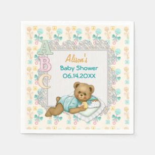 ABC Teddy Peach and Aqua Baby Shower Paper Napkins