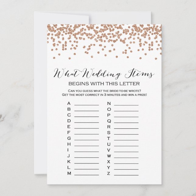 ABC Wedding Items Rose Gold Bridal Shower Game 5x7 Invitation (Front)