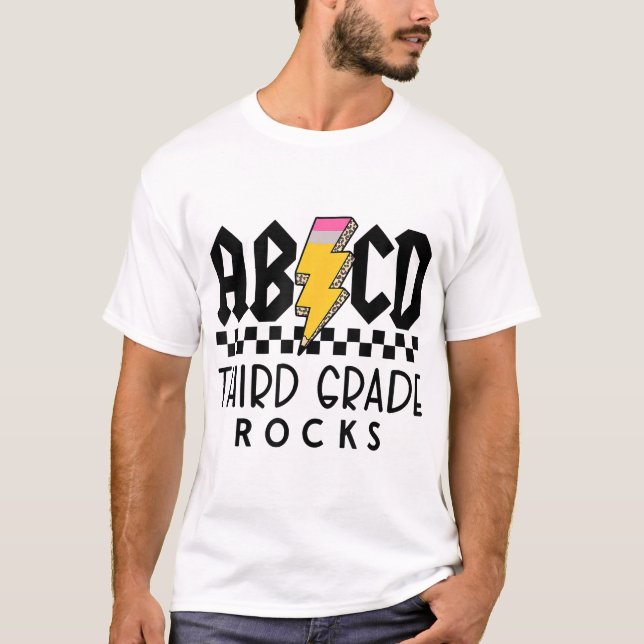  Abcd 3Rd Grade Rocks Pencil Lighting Bolt Teacher T-Shirt (Front)