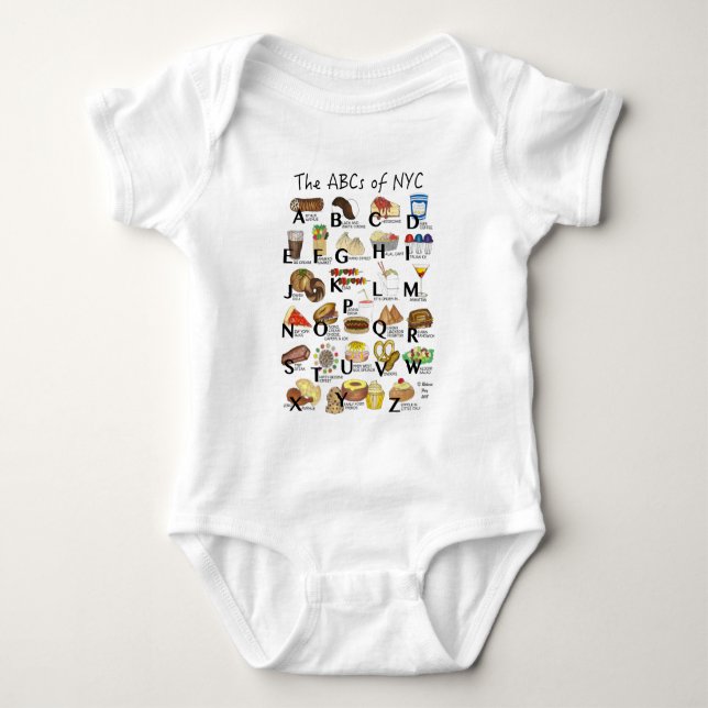 ABCs of NYC Iconic New York City Foods Alphabet Baby Bodysuit (Front)