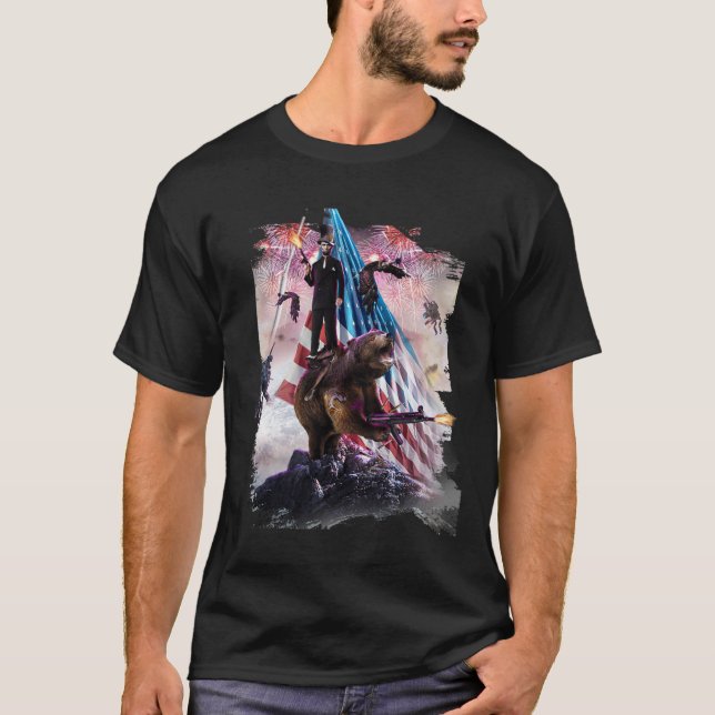 Abe Lincoln Riding Bear American Patriotic Funny T T-Shirt (Front)