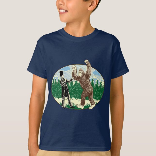 ABE LINCOLN: SASQUATCH HUNTER - Funny Bigfoot Logo T-Shirt (Front)
