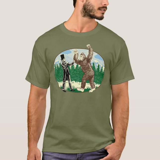 ABE LINCOLN: SASQUATCH HUNTER - Funny Bigfoot Logo T-Shirt (Front)
