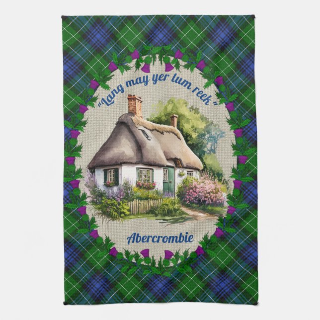 Abercrombie Thatched Cottage & Tartan Personalised Tea Towel (Vertical)