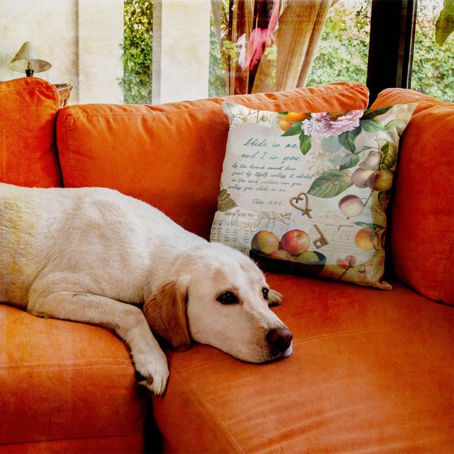 Abide in Me Fruitful Faith Cushion (Inspirational collage of fruit, scripture verse, sheet music, and elements of faith.  )