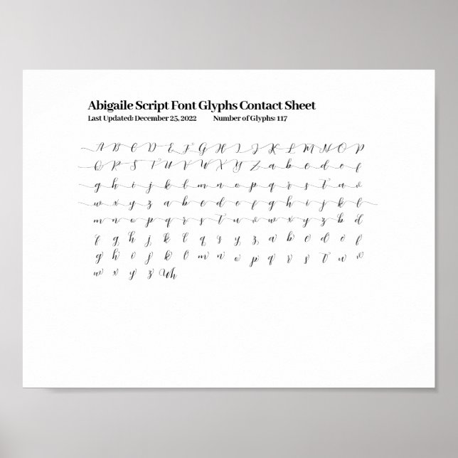 Abigaile Script Font Glyphs Contact Sheet Poster (Front)