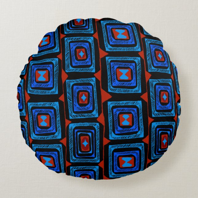 Aboriginal Squares - Red Turquoise Blue Round Cushion (Front)