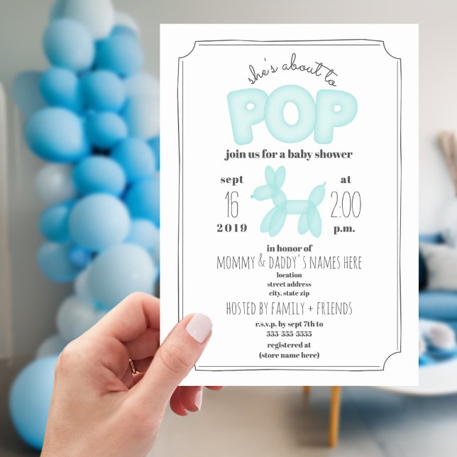About To Pop Blue Balloon Animal Baby Shower Invitation (Creator Uploaded)