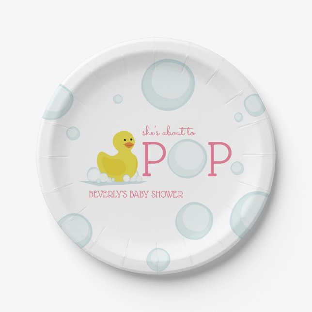 About to Pop Bubbles Rubber Duck Pink Baby Shower Paper Plate (Front)