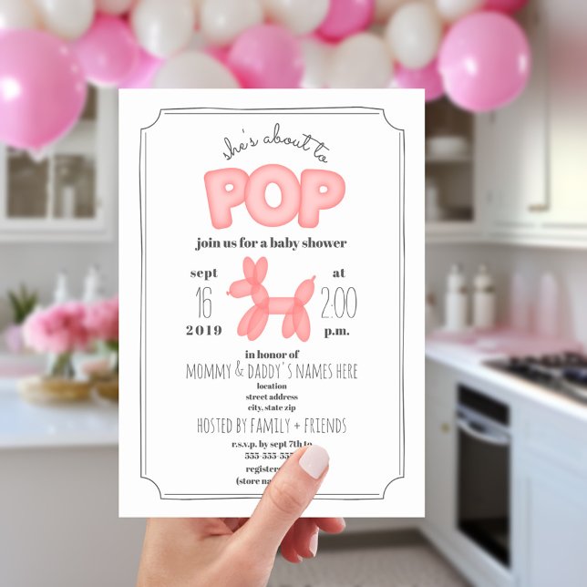 About To Pop Pink Balloon Animal Baby Shower Invitation (Creator Uploaded)