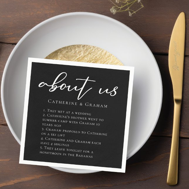 About Us Couple Facts Trendy Modern Black Wedding Napkin (Creator Uploaded)
